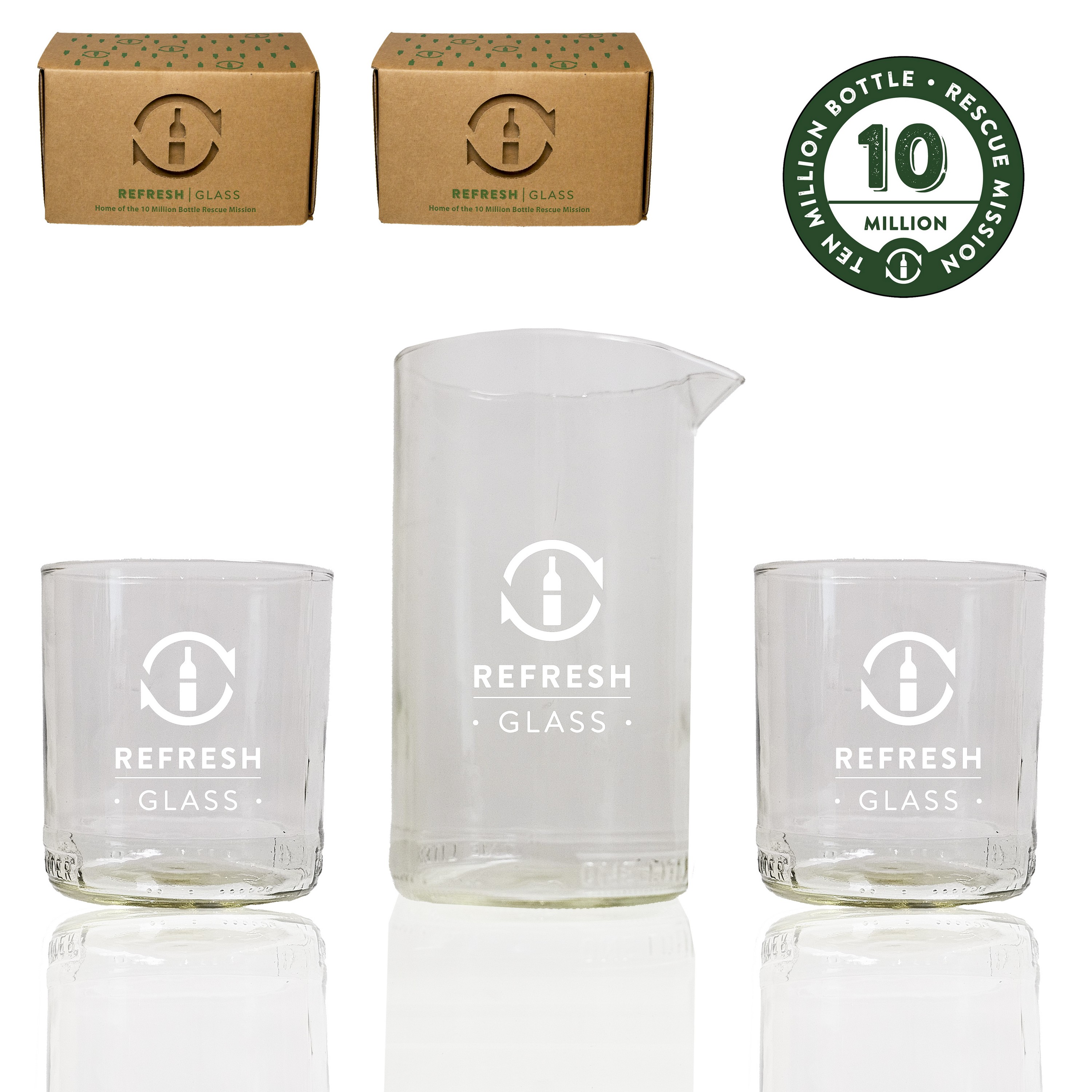 Clear 7" tall mixing pitcher and 2 drinking glasses made from rescued bottles - Glasses-Drinking, Cups