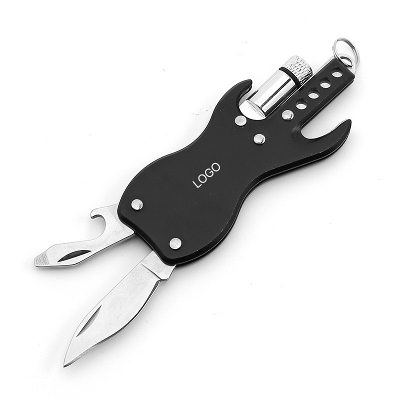 Multifunctional Guitar Shape Folding Knife Keychain with LED Light and Bottle Opener - Knives, Key Chains / Rings
