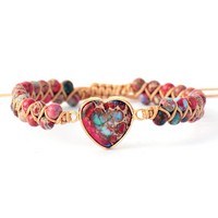 Handmade Double-Layer Imperial Jasper Heart Bracelet Bohemian Woven Adjustable Wristband Natural - Wristbands